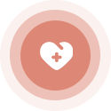 White heart icon with a cross inside, set within three concentric peach circles.