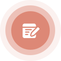 Notepad with pen icon, within concentric circles, salmon colored.