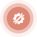 Gear and wrench icon within a series of concentric, orange circles.