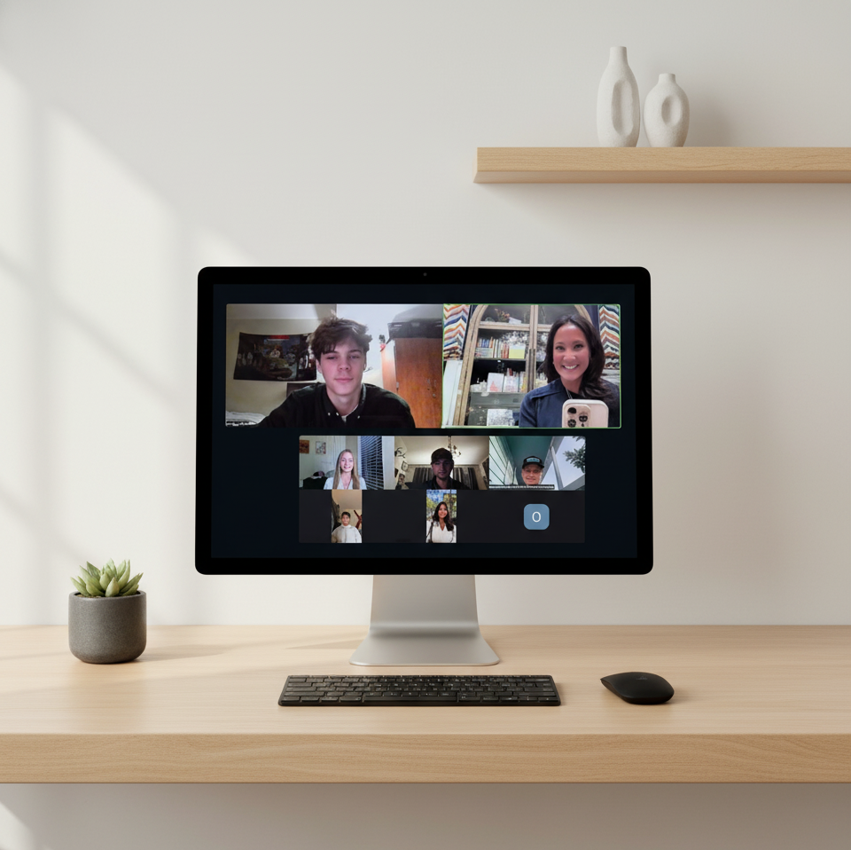 Desktop monitor showing a Half Nester community video call