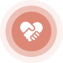 Two hands shaking forming a heart, inside coral colored circle with concentric rings.