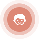 Smiling face icon inside concentric circles, coral color.