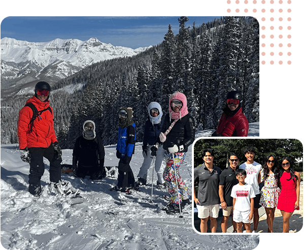 Group of people on a snowy mountain; inset photo of the family together.