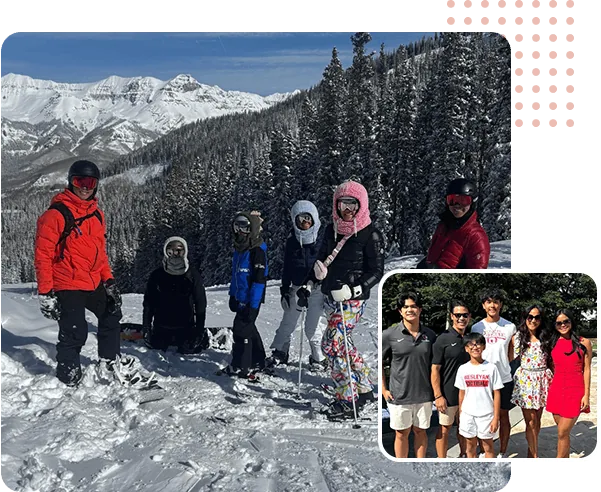 Group of people on a snowy mountain; inset photo of the family together.