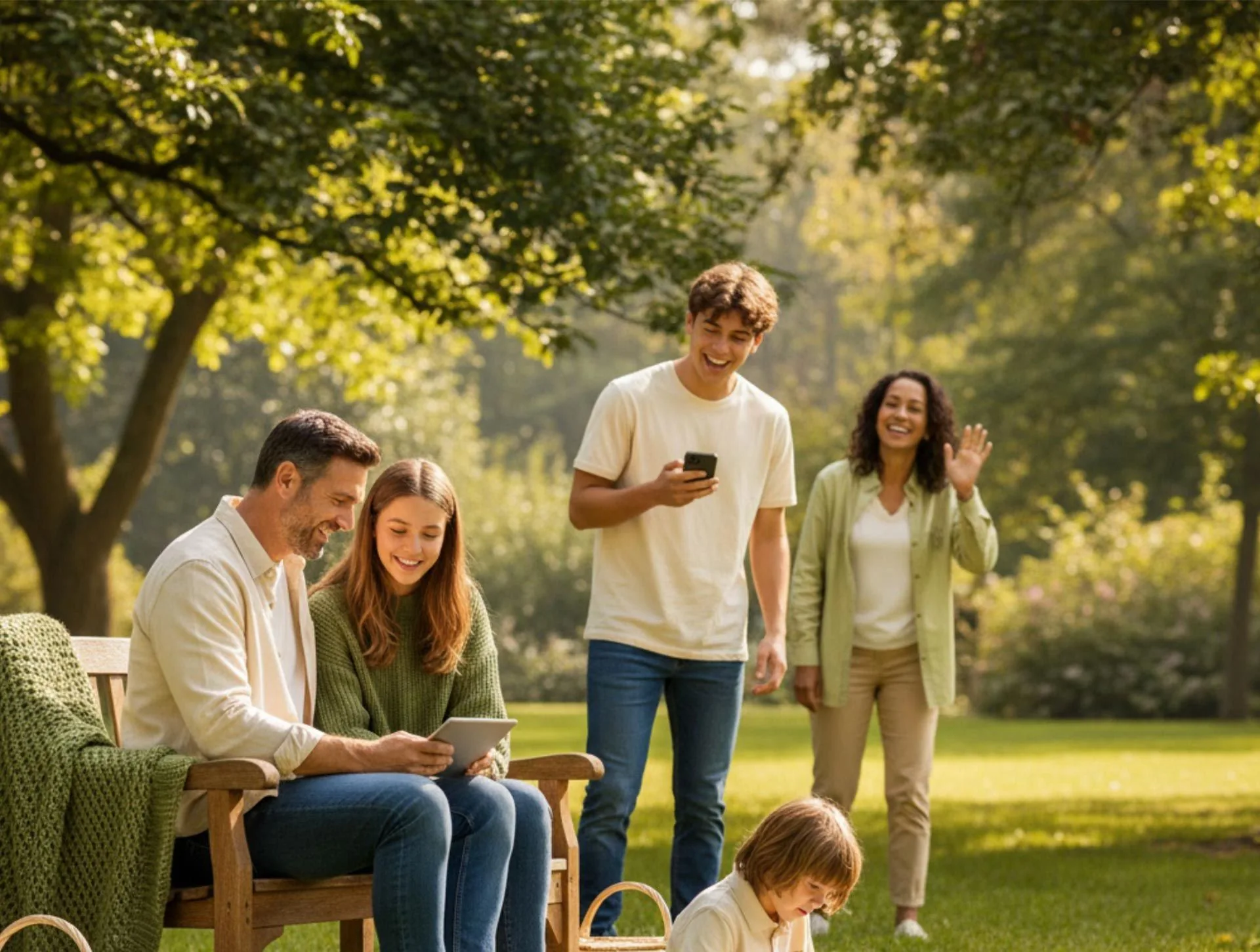Family in a park, two seated looking at a tablet, two standing smiling and waving, one child on the grass.