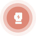White fist with a lightning bolt symbol, inside a red circle with concentric rings.
