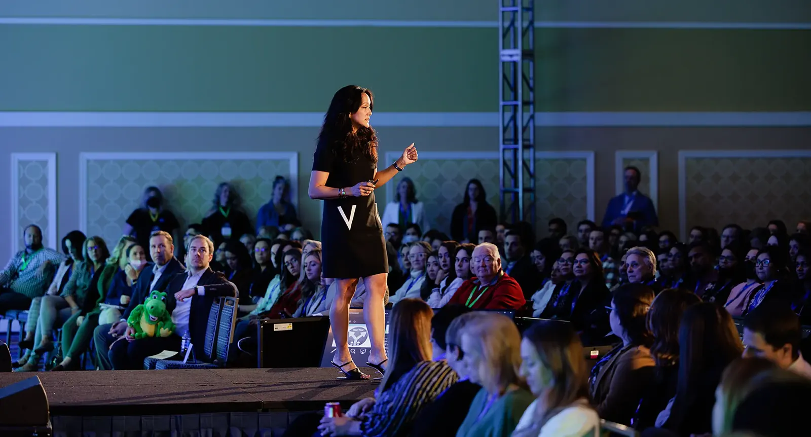 Dr. Valerie Woo speaking on stage to a full room